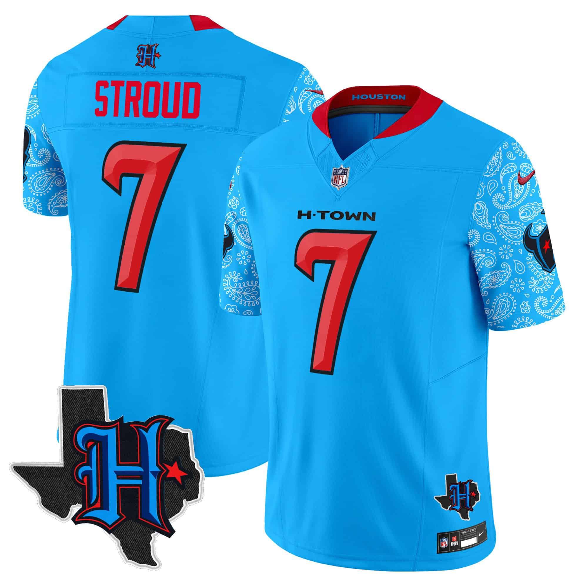 Men Houston Texans #7 Stroud Light Blue 2024 Nike Texas Patch Vapor Limited NFL Jersey